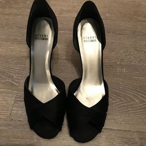 Black Satin Stuart Weitzman pumps with peep toe